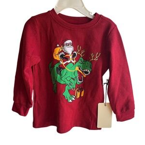 NEW Kids Red Long Sleeve Thermal Shirt Santa Dinosaur Christmas Graphic 3T